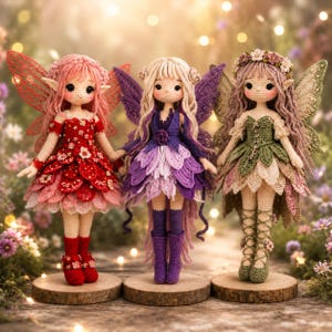 May include: Three handmade crochet fairy dolls with detailed wings and dresses. The dolls have different color schemes: red and pink, purple, and green and beige. Each doll is standing on a small wooden disc.