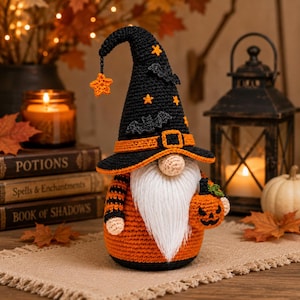 Halloween Pumpkin Gnome Crochet Pattern PDF • Jack O Lantern Witch Gnome Amigurumi • Fall Decor Crochet Tutorial