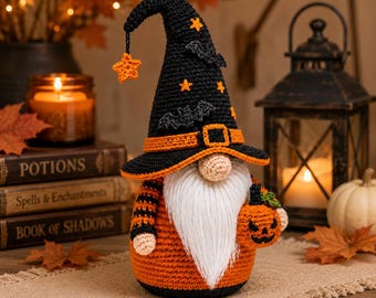 Halloween Pumpkin Gnome Crochet Pattern PDF • Jack O Lantern Witch Gnome Amigurumi • Fall Decor Crochet Tutorial