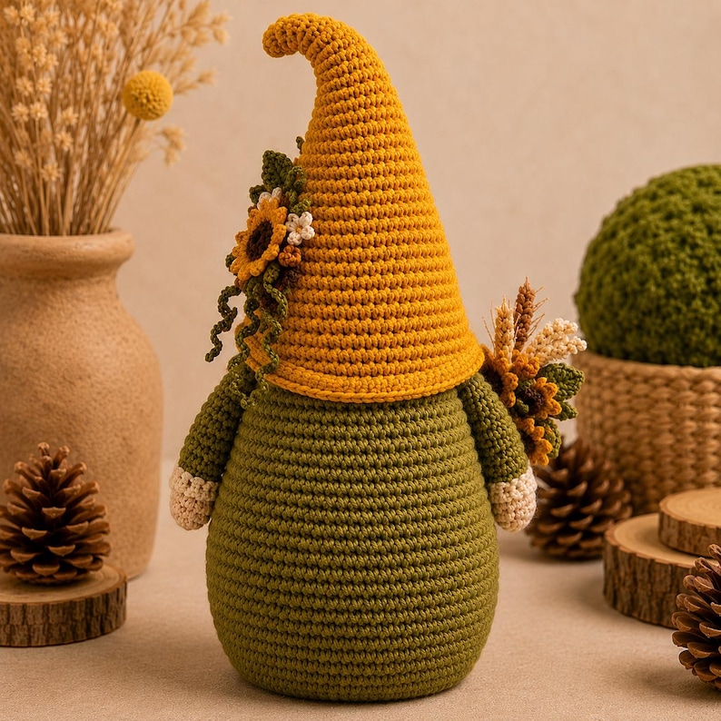 May include: A crochet gnome figure featuring a tall, pointed mustard yellow hat and a rounded olive green body. The gnome is decorated with small crocheted sunflowers, green leaves, and wheat stalks attached to the side of the hat and body.