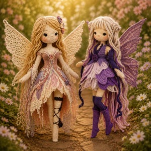 Pode incluir: Duas bonecas de crochê feitas à mão com asas de fada. A boneca da esquerda tem cabelos loiros longos, um vestido em camadas creme e rosa e asas de renda. A da direita tem cabelos longos lilás, um vestido de pétalas roxo escuro e asas de renda.