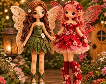 May include: Two handmade crochet fairy dolls. One doll wears a green dress with leaf-like details, beige wings, and brown hair. The other doll has a red dress with flower accents, pink hair, and red wings. They stand on a wooden surface surrounded by flowers.