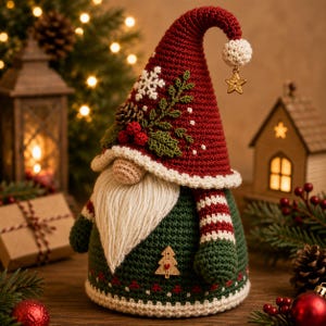 May include: A crochet gnome figurine featuring a tall red hat with a white snowflake, pinecone, and berry embellishment, topped with a white pom-pom and gold star charm. The gnome has a cream-colored beard, a green body, and a small wooden tree charm.