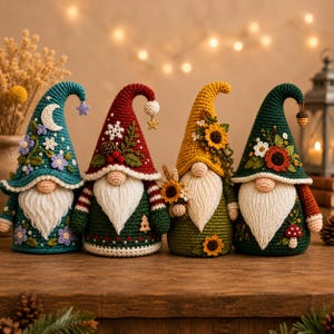 Puede incluir: Cuatro figuras de gnomos de ganchillo con largas barbas blancas y altos sombreros puntiagudos. Los sombreros son de color verde azulado con una luna, rojo con un copo de nieve, amarillo con un girasol y verde oscuro con detalles florales.