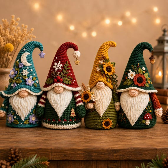 Crochet Gnome Doll Pattern PDF, Seasonal Amigurumi Gnome Set, Spring Summer Autumn Winter Digital Download