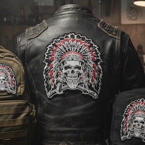 Large Skull Headdress Embroidered Patch - Native American Inspired War Bonnet Badge - Gothic Tribal Chief Back Patch for Jackets