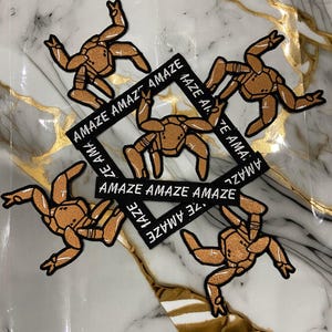 May include: Five embroidered patches featuring a tan, multi-legged creature with black outlines. The patches are arranged around a central black rectangular patch with the white text "AMAZE" repeated multiple times in a border and center.