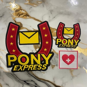 May include: Embroidered patches with a horseshoe design, yellow envelope, red and yellow stars, and the words "PONY EXPRESS" in yellow. A smaller patch has the same design. A square patch features a red heart with a white cross.