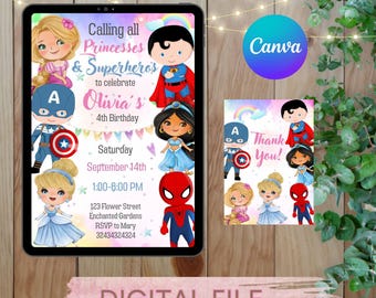 Princess Superhero Party Invitation, Superhero Princess Party | Editable Canva Invite