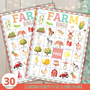 Pode incluir: Duas cartas de jogo de Bingo da Fazenda com ilustrações coloridas de animais de fazenda, vegetais e objetos. As cartas têm uma borda xadrez vermelha e branca e incluem o texto "FARM BINGO" e "30 UNIQUE CARDS".