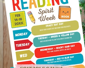 Editable CANVA Reading Spirit Week Poster | Literacy Week Dress Up Days | Elementary School Reading Week Printable