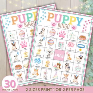 Pode incluir: Duas folhas de jogo de Bingo para filhotes com ilustrações coloridas de filhotes, cupcakes e pegadas. O texto "PUPPY BINGO" está no topo. Os cartões são em xadrez rosa e branco com o texto "30 CARTÕES ÚNICOS" e "2 TAMANHOS IMPRIMA 1 OU 2 POR PÁGINA".