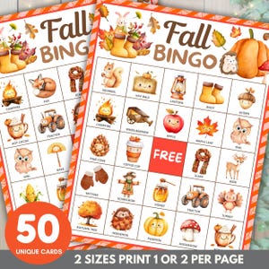 Pode incluir: Uma cartela de jogo Fall Bingo com uma grade de ilustrações em aquarela, incluindo um esquilo, fardo de feno, lanterna, botas, bolota, fogueira, carrinho de mão, maçã, folha de bordo, coruja, pinha, xícara de café, luvas, espantalho, mel, trator, peru, árvore, ouriço, abóbora e cogumelo.