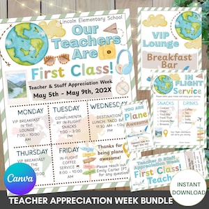 May include: A Teacher Appreciation Week bundle with a travel theme. Includes posters and signs with phrases like "First Class" and "In-Flight Service." Features a world map, airplane, and travel-related graphics in blue, green, and yellow.
