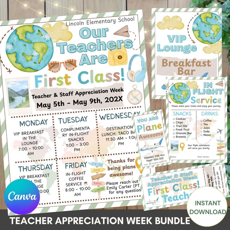 May include: A Teacher Appreciation Week bundle with a travel theme. Includes posters and signs with phrases like "First Class" and "In-Flight Service." Features a world map, airplane, and travel-related graphics in blue, green, and yellow.