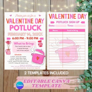 Può includere: Due modelli rosa per un potluck di San Valentino. Un volantino elenca data, ora e programma. L'altro è un modulo di iscrizione. Include un modello Canva.