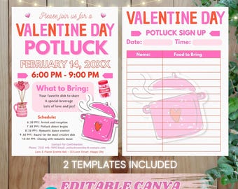 Valentine Day Potluck Bundle | Editable Sign Up Sheet & Flyer | School Valentine Canva Template