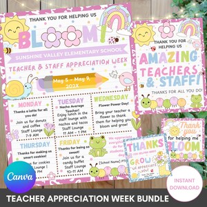 Editable CANVA Spring Teacher Appreciation Week Bundle, Bloom Theme Printable, Staff Appreciation Week Itinerary, PTO PTA Signs,