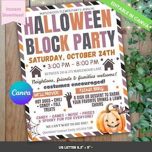May include: A rectangular Halloween block party flyer with a striped border in orange, black, and purple. The text reads Maplewood Elementary's Annual Halloween Block Party, Saturday, October 24th, 3:00 PM - 8:00 PM, with a pumpkin and bat graphic.