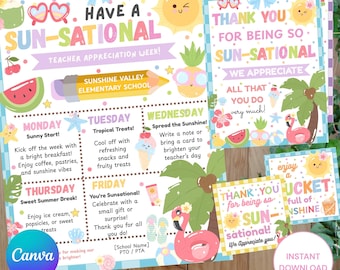 Editable Teacher Appreciation Week Bundle | Summer Tropical Theme | Printable Signs, Gift Tags, Banner & Itinerary | Staff Appreciation