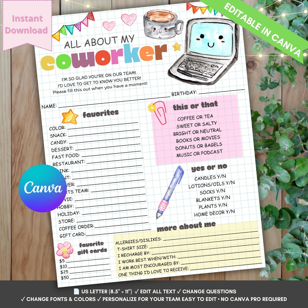 All About My Coworker Printable, Employee Favorite Things Form ...