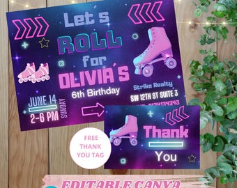 Editable CANVA Roller Skating Birthday Invitation | Neon Roller Skate Party | Video or JPG