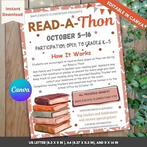Pode incluir: Um folheto imprimível Read-A-Thon para a Maplewood Elementary com uma pilha de cinco livros, datas de 5 a 16 de outubro, detalhes de participação para as séries K-5 e instruções para rastreamento de leitura no formato 21,6 x 27,9 cm.