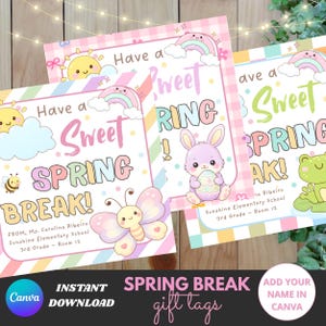 May include: Three colorful Spring Break gift tags with illustrations of a sun, rainbow, bee, butterfly, bunny, and frog. The tags have the text "Have a Sweet Spring Break!" and "Spring Break gift tags". The tags are designed for Canva.
