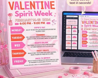Editable Valentine Spirit Week poster for schools – easy-to-use Canva template, perfect for classrooms and school events.