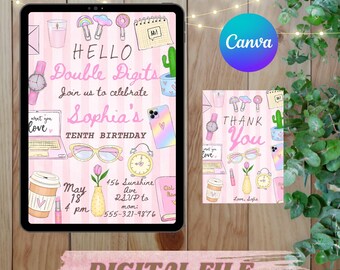 Editable CANVA Hello Double Digits Birthday Invitation | Preppy Pink Tween Girl 10th Birthday Party