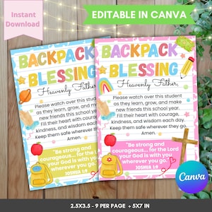 Pode incluir: Dois cartões imprimíveis intitulados Backpack Blessing com texto colorido, fundos de papel pautado e ilustrações de lápis, maçã, cruz e mochila. O texto inclui uma oração e o versículo bíblico Josué 1:9, com uma etiqueta de tamanho 2,5x3,5 polegadas.