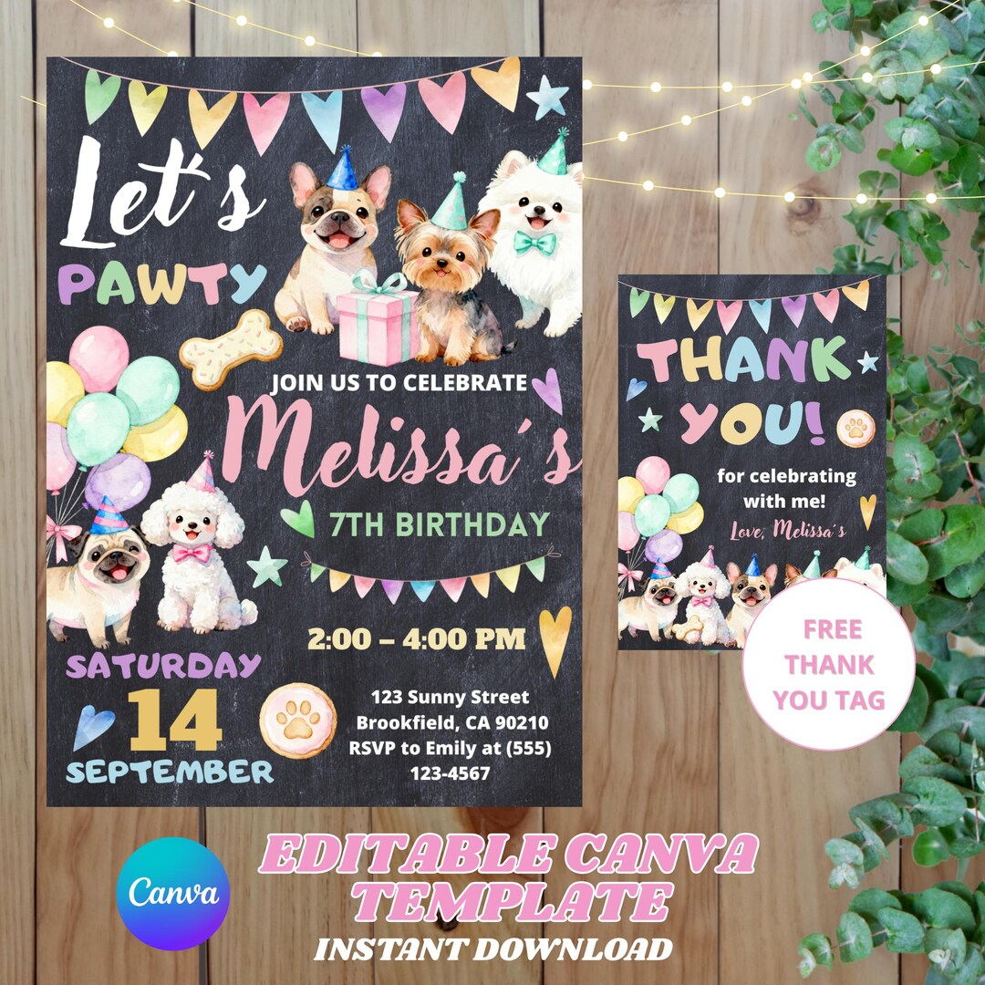 Editable Puppy Birthday Invitation Editable Canva Template, Dog ...