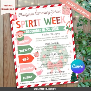 Pode incluir: Um folheto digital para a Spirit Week da Frostyville Elementary School, 18-22 de dezembro de 20XX. O design apresenta bordas listradas em vermelho e branco, ícones festivos como um boneco de neve, bengala doce e uma guirlanda.