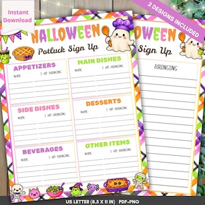 Może przedstawiać: Dwa arkusze zapisów na Halloweenowy poczęstunek z kolorową obwódką w kratkę. Arkusze zawierają sekcje na przystawki, dania główne, dodatki, desery, napoje i inne przedmioty, ozdobione rysunkowymi duchami, ciastem i mumią.