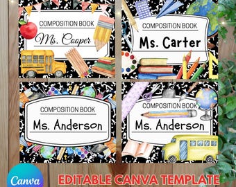 Teacher Composition Notebook Printable Bundle, Editable Teacher Name Label, School Notebook , Teacher Mouse Pad Template Bundle