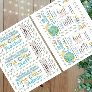 May include: Printed cards with an airplane theme. The cards feature text that reads "In Flight Service" and "Teacher & Staff Appreciation Week." The cards have a world map graphic and a list of snacks and drinks.
