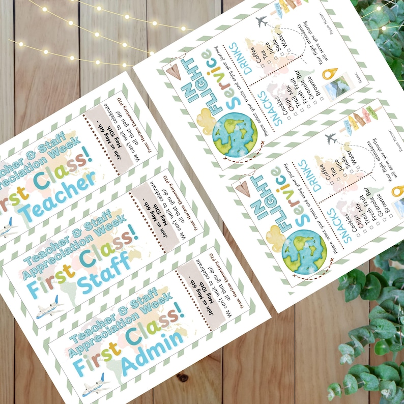 May include: Printed cards with an airplane theme. The cards feature text that reads "In Flight Service" and "Teacher & Staff Appreciation Week." The cards have a world map graphic and a list of snacks and drinks.