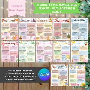 Pode incluir: Um conjunto de 12 modelos de boletins informativos mensais para associações de pais, com ilustrações sazonais e campos de texto editáveis. Os designs estão organizados de agosto a julho com seções para datas importantes, mensagens e contatos.