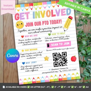 Pode incluir: Um folheto de recrutamento para a associação de pais em papel pautado com bordas de lápis coloridos. O texto diz GET INVOLVED JOIN OUR PTO TODAY, WHO WE ARE, HOW TO HELP, OUR MISSION, WHY JOIN e SCAN TO JOIN, com um código QR.