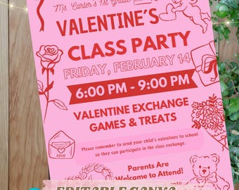 Editable CANVA Valentine’s Day Class Party Flyer, Classroom Valentine Exchange Invite, Editable School Party Template, Instant Download