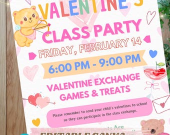 Editable CANVA Valentine’s Day Class Party Flyer, Classroom Valentine Exchange Invite, Editable School Party Template, Instant Download
