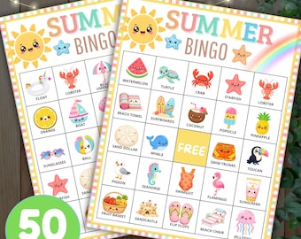Summer Bingo Game Printable for Kids, 50 Unique Bingo Cards, Summer Party Game, Classroom Bingo Activity, End of Year School Game