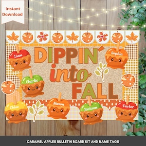 Anslagstavla med karamelläpple och höstmotiv, Dippin Into Fall Classroom Decor, Personliga elevnamn, Utskrivbar höstanslagstavla