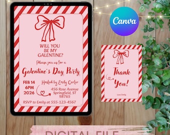 Video Galentine Invitation Template | Will You Be My Galentine | Pink Bow Party Invitation | Editable Canva | Valentine's Day