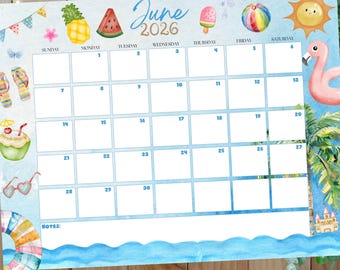 Editable PDF June 2026 Calendar Printable, Summer Tropical Monthly Planner, PDF Download