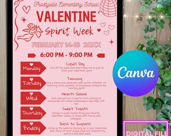 Valentine Spirit Week | School Theme Days Schedule | Canva Editable Poster | Classroom Valentine Flyer | DigitalDownload