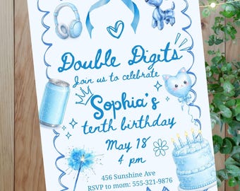 Editable CANVA Hello Double Digits Birthday Invitation | Preppy BLUE Tween Girl 10th Birthday Party