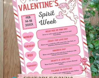 Valentine Spirit Week | School Theme Days Schedule | Canva Editable Poster | Classroom Valentine Flyer | DigitalDownload