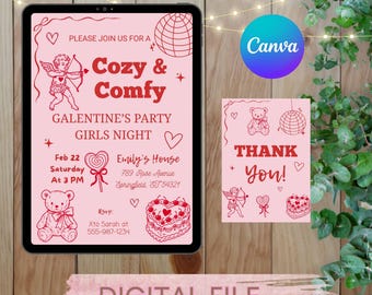 Cozy & Comfy Galentine Invitation | Galentine’s Day Party Invitation | Girls Night Printable | Pink Aesthetic | Editable Canva Template