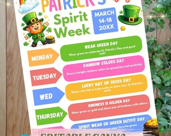 Editable CANVA St. Patrick’s Day Spirit Week Flyer | Elementary School Dress Up Days | March Spirit Week | Instant Download